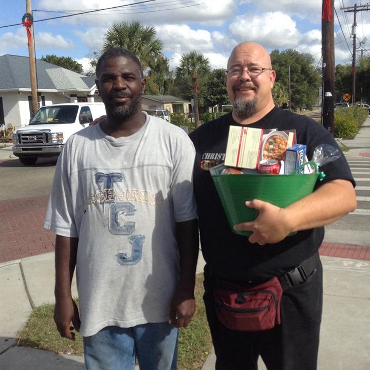 Jimbo & man at Baskets of Hope Outreach in College Hill, Tampa, December 2013